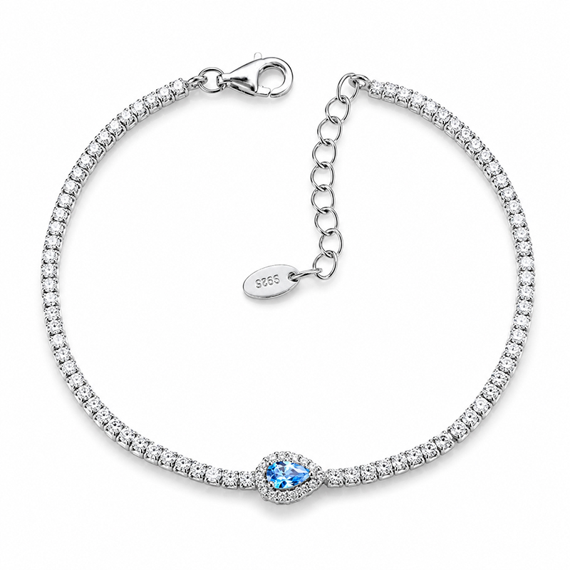 925 Sterling Silver Blue Pear Halo Tennis Bracelet