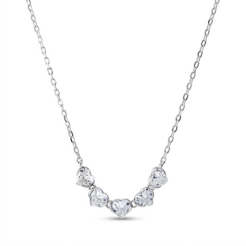 silver five heart cz curved necklace